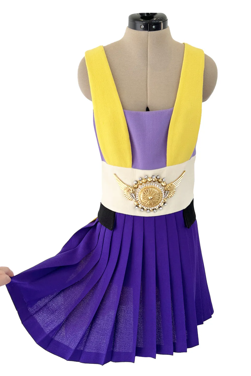 2014 Fausto Puglisi Bright Multi Colour 'Greco-Roman' Mini Dress w Gold Rhinestone Medallion