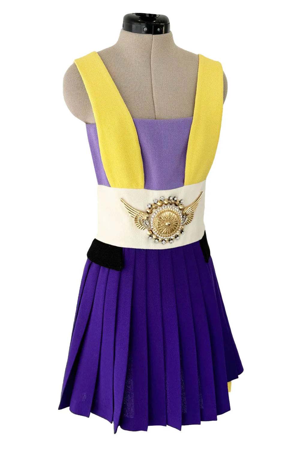 2014 Fausto Puglisi Bright Multi Colour 'Greco-Roman' Mini Dress w Gold Rhinestone Medallion