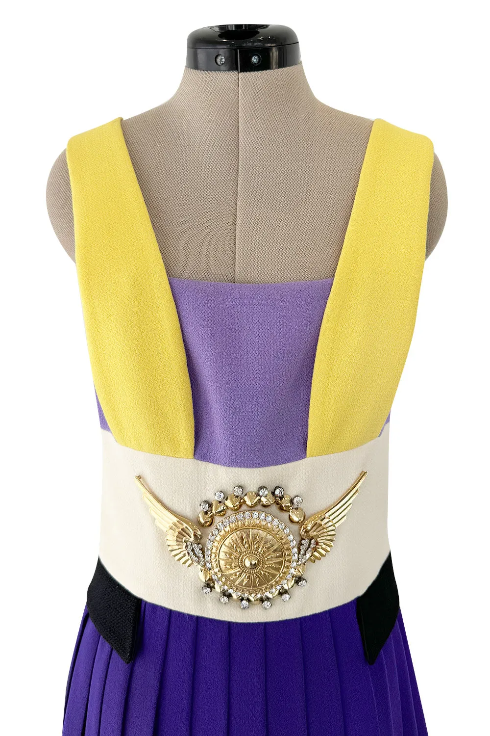 2014 Fausto Puglisi Bright Multi Colour 'Greco-Roman' Mini Dress w Gold Rhinestone Medallion