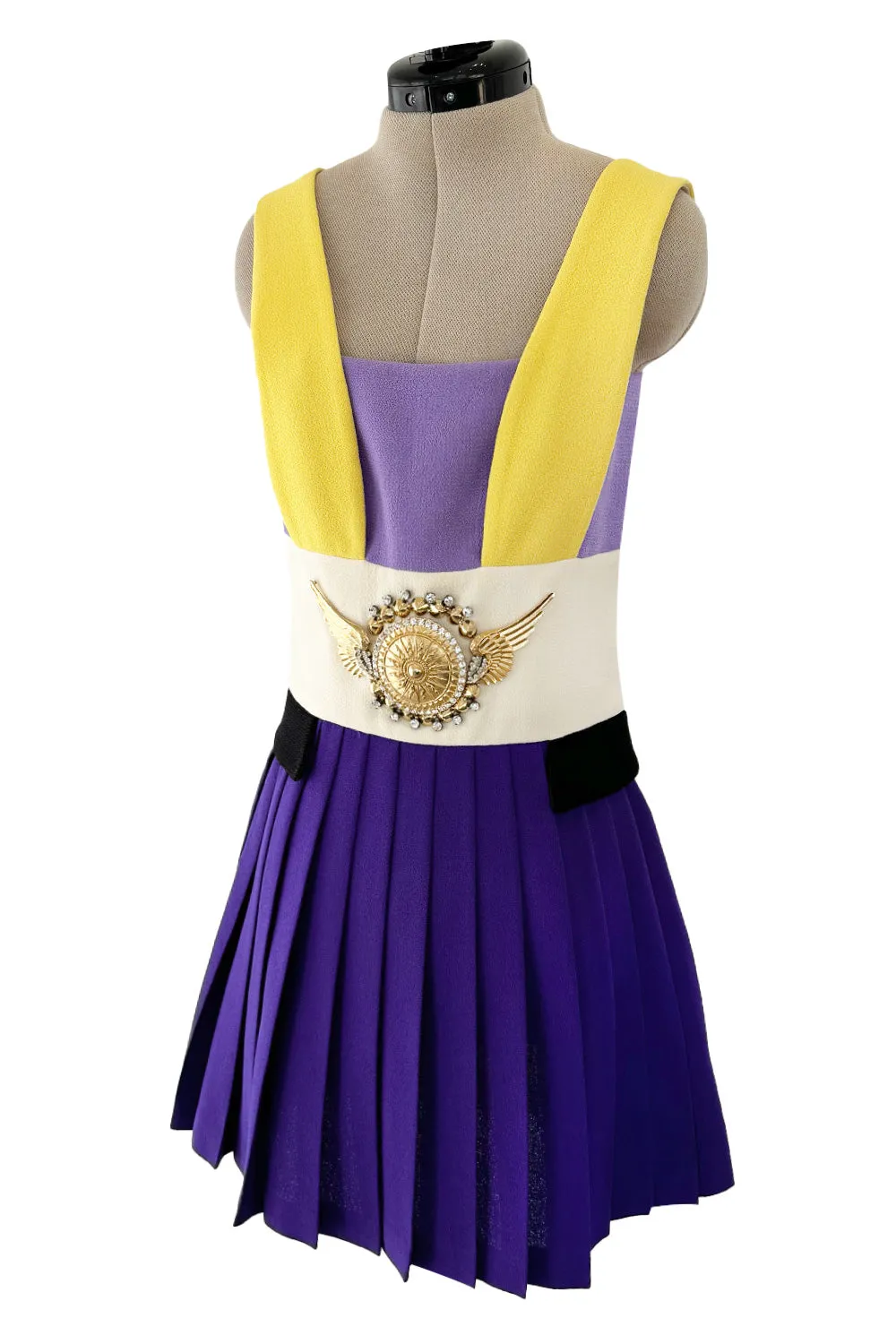 2014 Fausto Puglisi Bright Multi Colour 'Greco-Roman' Mini Dress w Gold Rhinestone Medallion