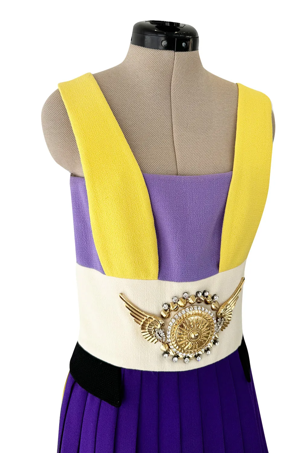 2014 Fausto Puglisi Bright Multi Colour 'Greco-Roman' Mini Dress w Gold Rhinestone Medallion