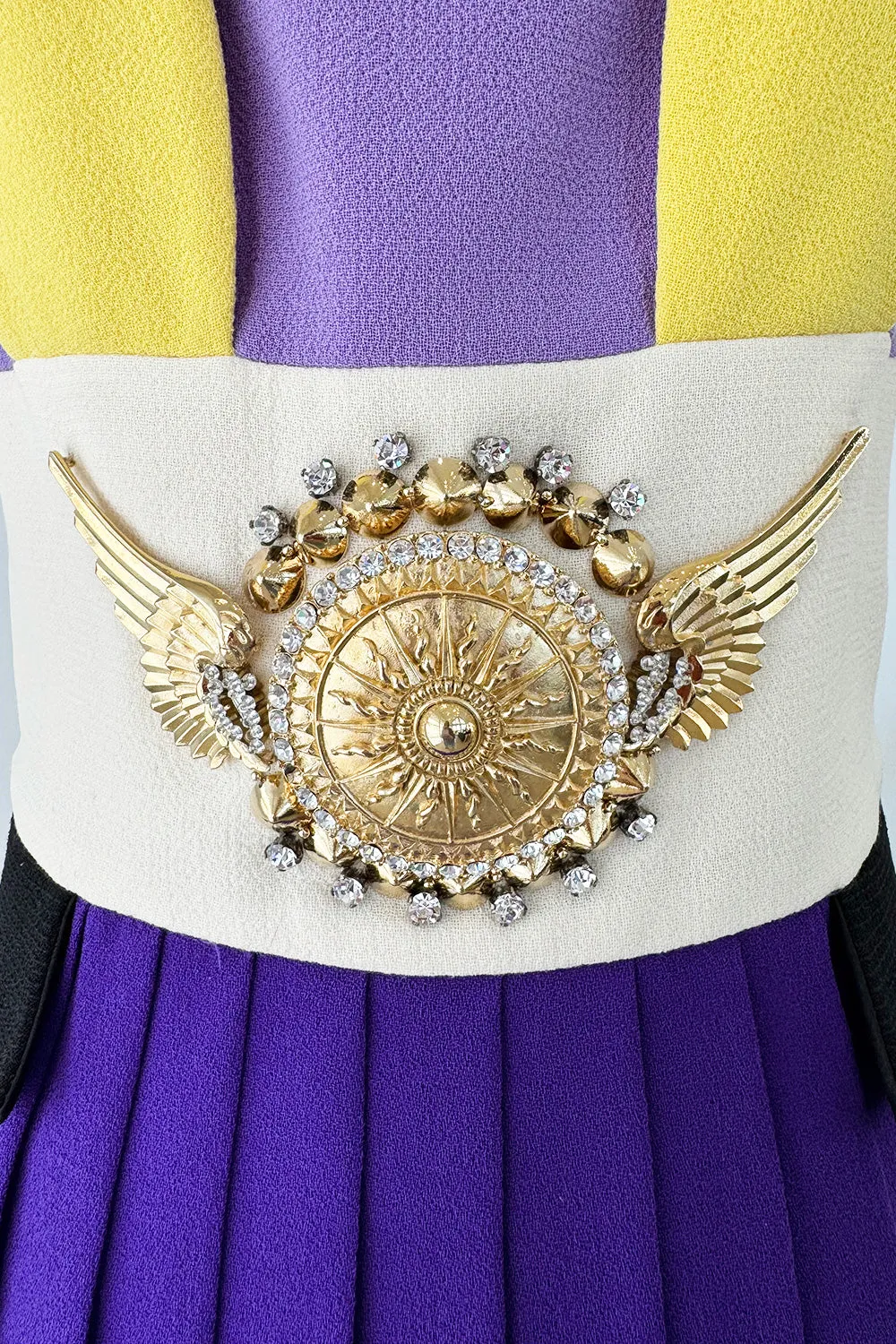 2014 Fausto Puglisi Bright Multi Colour 'Greco-Roman' Mini Dress w Gold Rhinestone Medallion