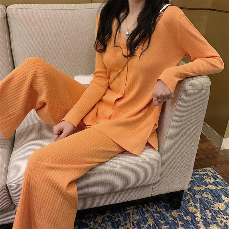 2021 Spring and Autumn Knitted Suit V-neck Cardigan Jacket   Casual Straight Wide Leg Pants Two-piece Female