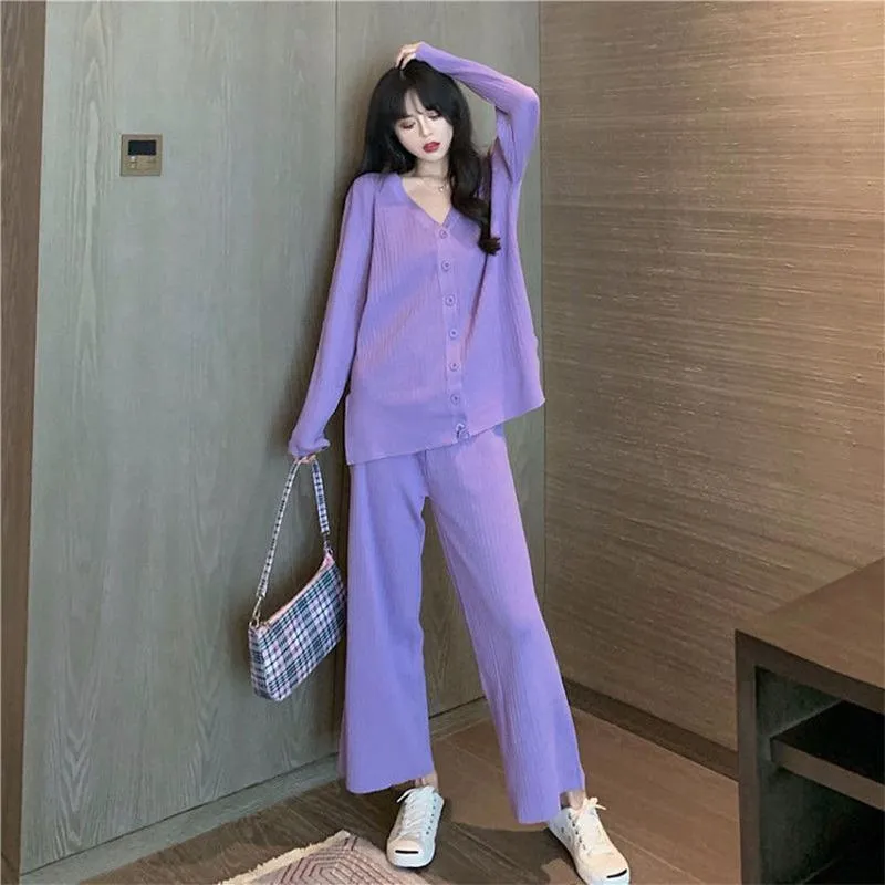 2021 Spring and Autumn Knitted Suit V-neck Cardigan Jacket   Casual Straight Wide Leg Pants Two-piece Female