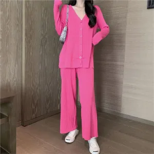 2021 Spring and Autumn Knitted Suit V-neck Cardigan Jacket   Casual Straight Wide Leg Pants Two-piece Female