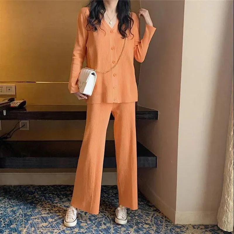 2021 Spring and Autumn Knitted Suit V-neck Cardigan Jacket   Casual Straight Wide Leg Pants Two-piece Female