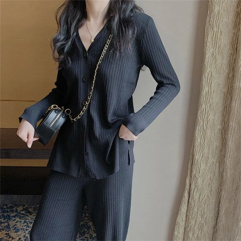 2021 Spring and Autumn Knitted Suit V-neck Cardigan Jacket   Casual Straight Wide Leg Pants Two-piece Female