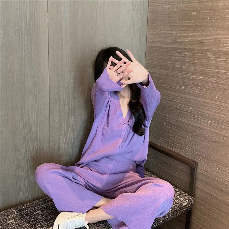 2021 Spring and Autumn Knitted Suit V-neck Cardigan Jacket   Casual Straight Wide Leg Pants Two-piece Female