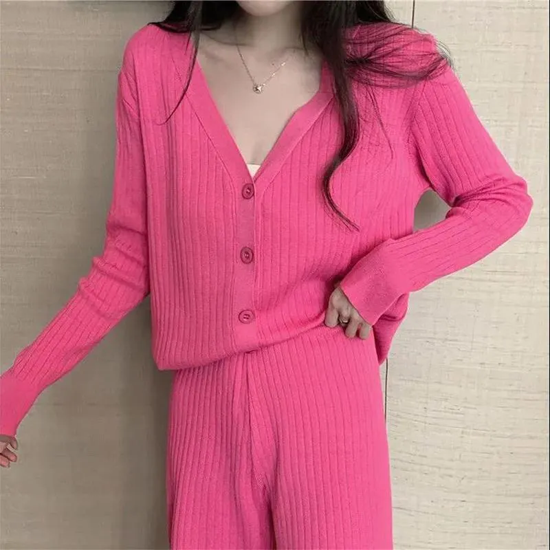 2021 Spring and Autumn Knitted Suit V-neck Cardigan Jacket   Casual Straight Wide Leg Pants Two-piece Female