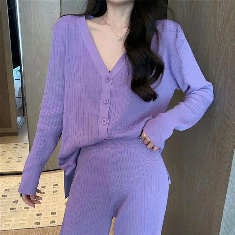 2021 Spring and Autumn Knitted Suit V-neck Cardigan Jacket   Casual Straight Wide Leg Pants Two-piece Female