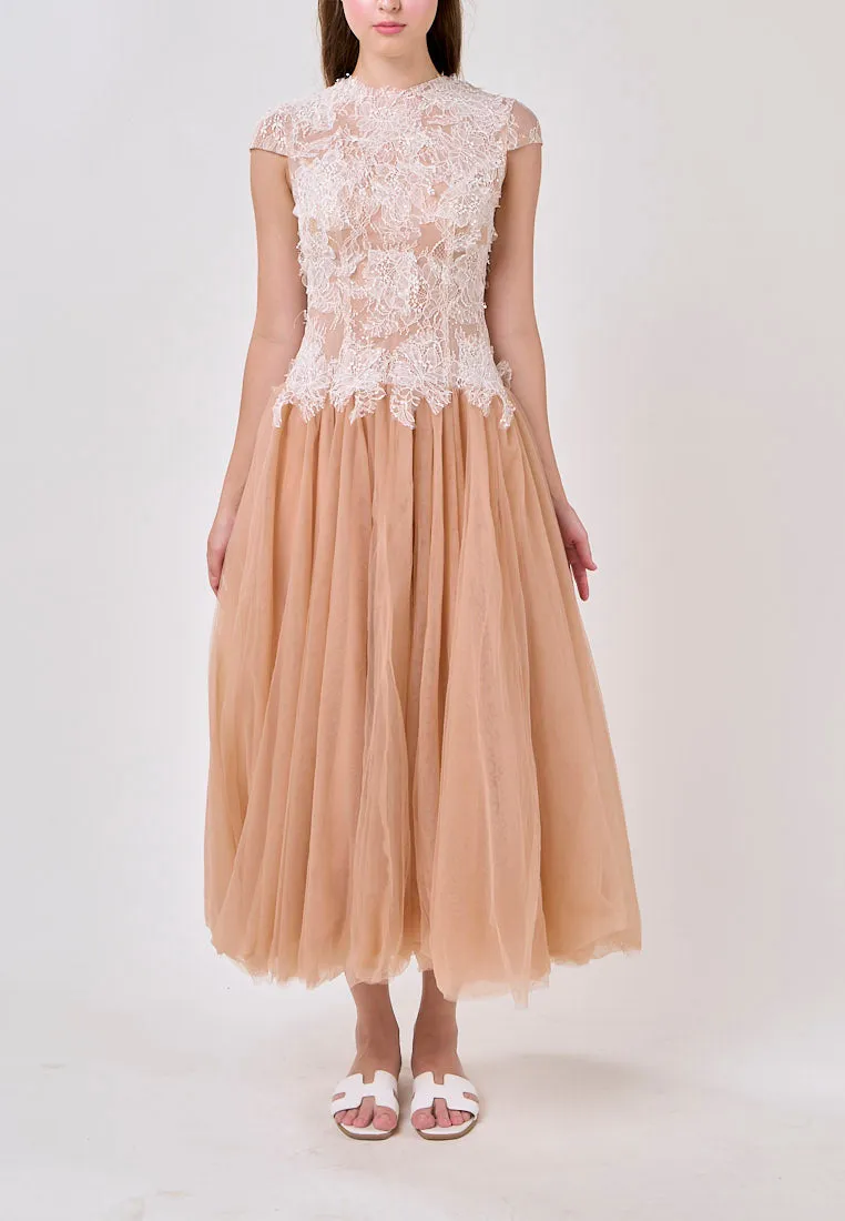 Adhara Nude Round Neck Hollow Back Lace and Tulle Maxi Dress