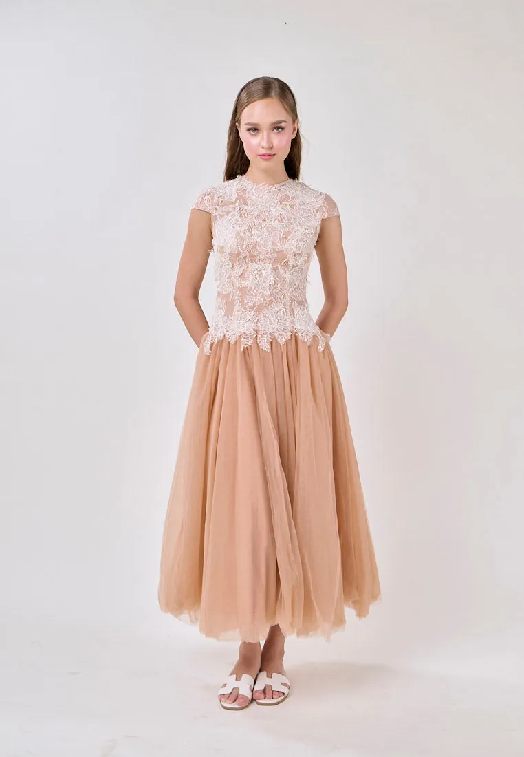 Adhara Nude Round Neck Hollow Back Lace and Tulle Maxi Dress