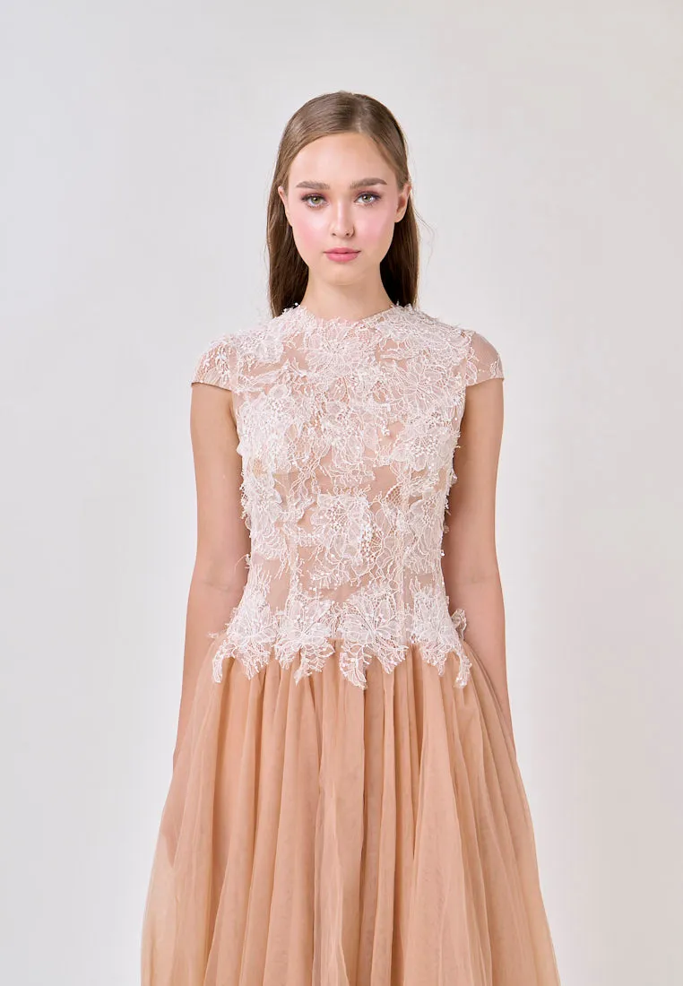 Adhara Nude Round Neck Hollow Back Lace and Tulle Maxi Dress