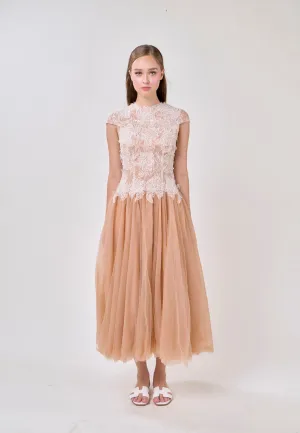 Adhara Nude Round Neck Hollow Back Lace and Tulle Maxi Dress