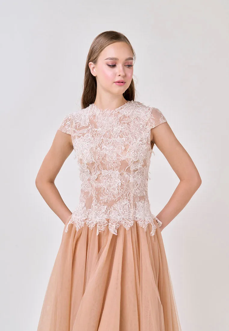 Adhara Nude Round Neck Hollow Back Lace and Tulle Maxi Dress
