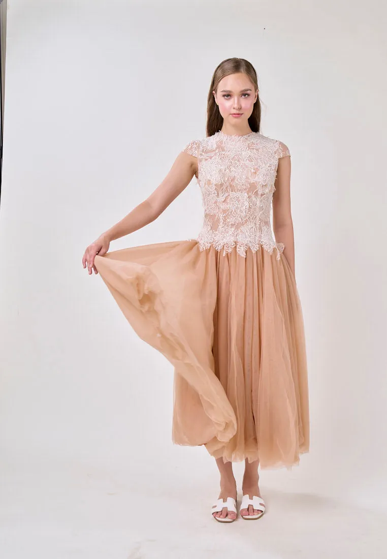Adhara Nude Round Neck Hollow Back Lace and Tulle Maxi Dress