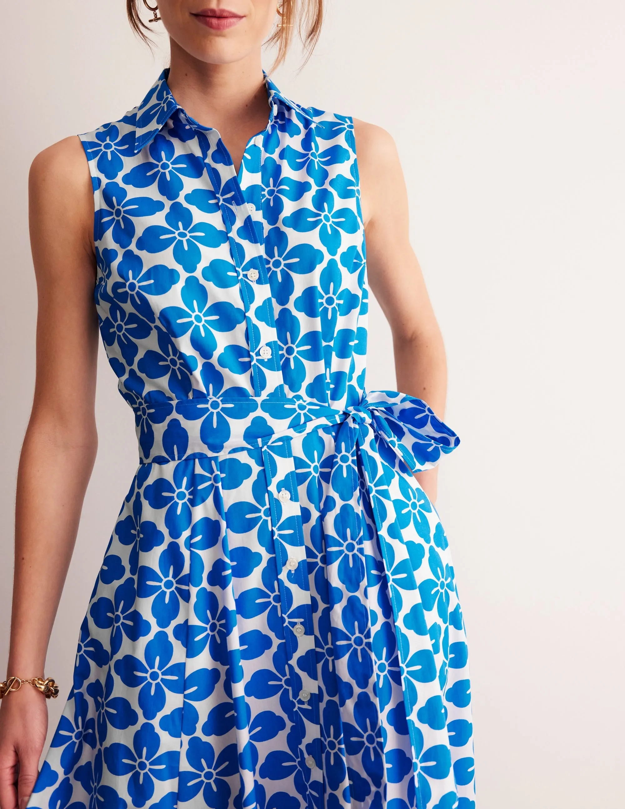 Amy Sleeveless Shirt Dress-Indigo Bunting, Floral Tile