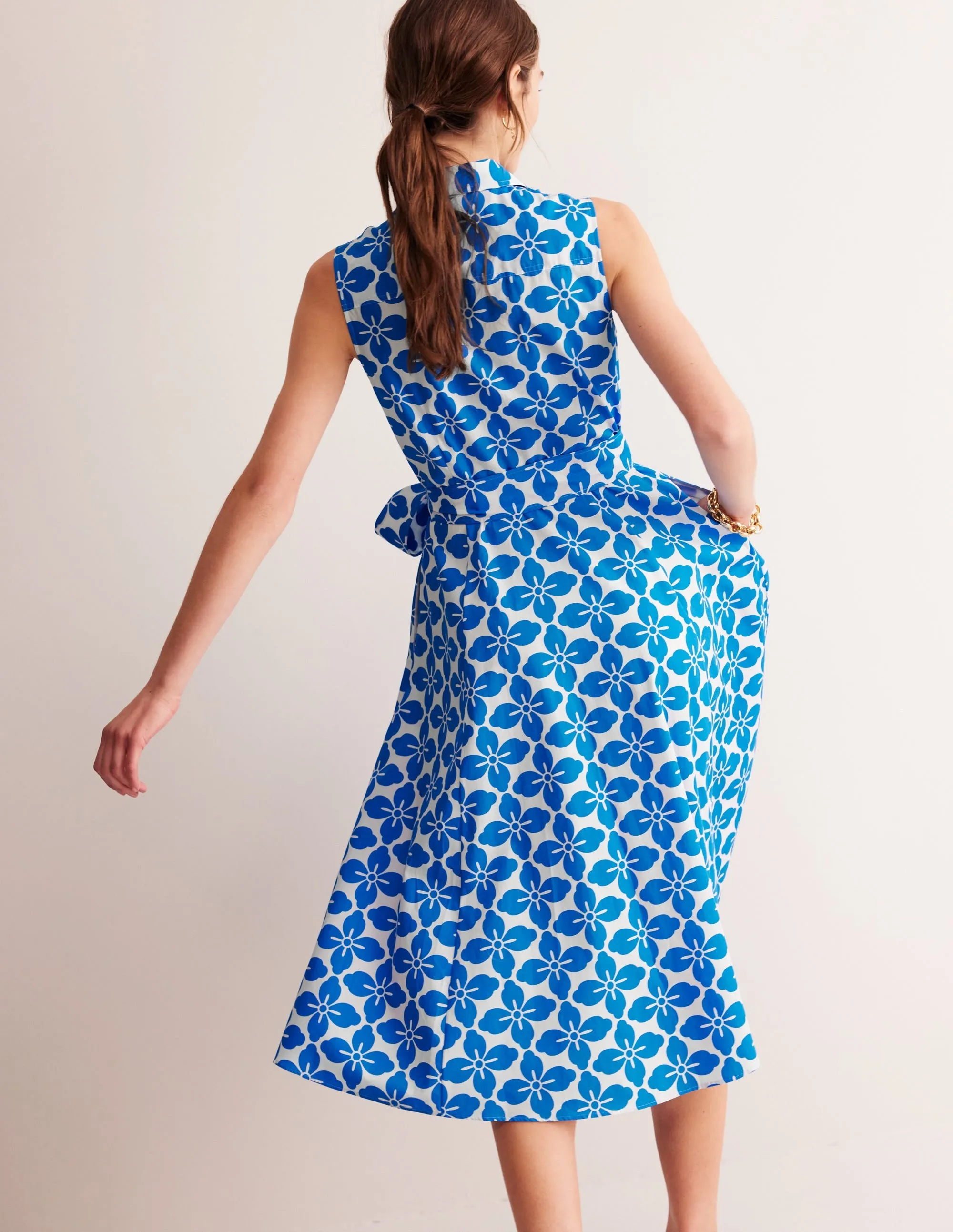 Amy Sleeveless Shirt Dress-Indigo Bunting, Floral Tile