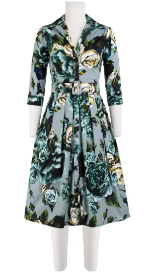 Audrey Dress #1 Shirt Collar 3/4 Sleeve Long Length Cotton Stretch (Peony Kimono All Over Dark)