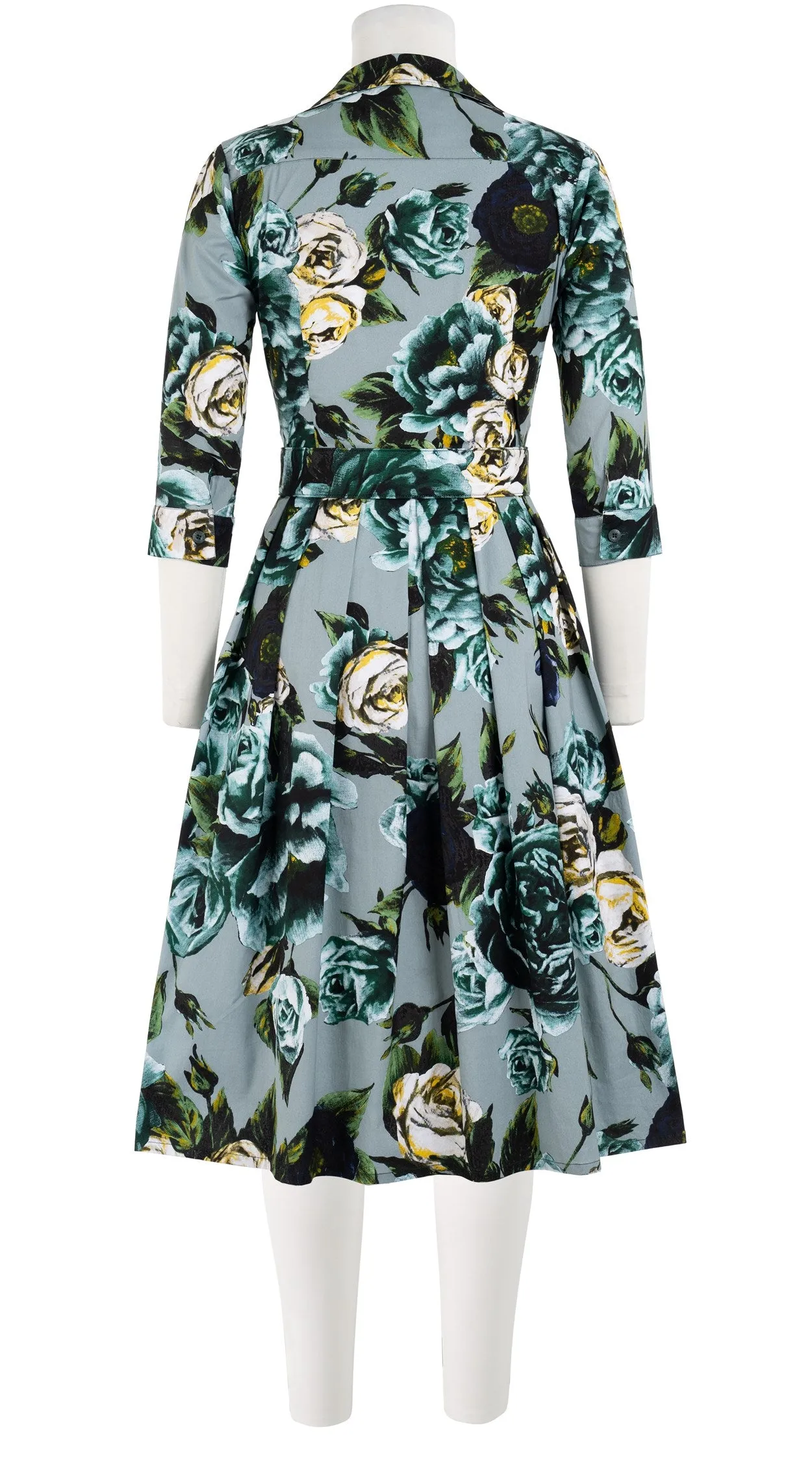 Audrey Dress #1 Shirt Collar 3/4 Sleeve Long Length Cotton Stretch (Peony Kimono All Over Dark)