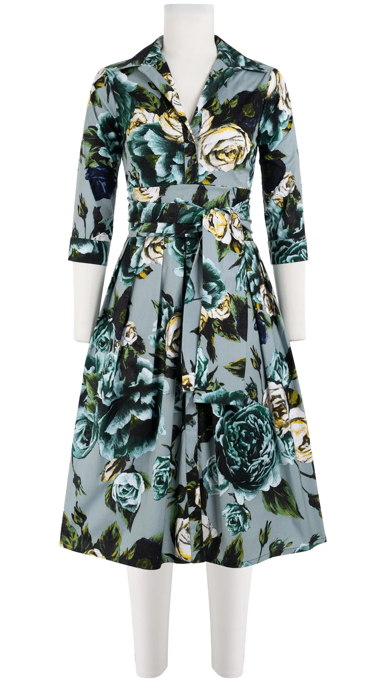 Audrey Dress #1 Shirt Collar 3/4 Sleeve Long Length Cotton Stretch (Peony Kimono All Over Dark)