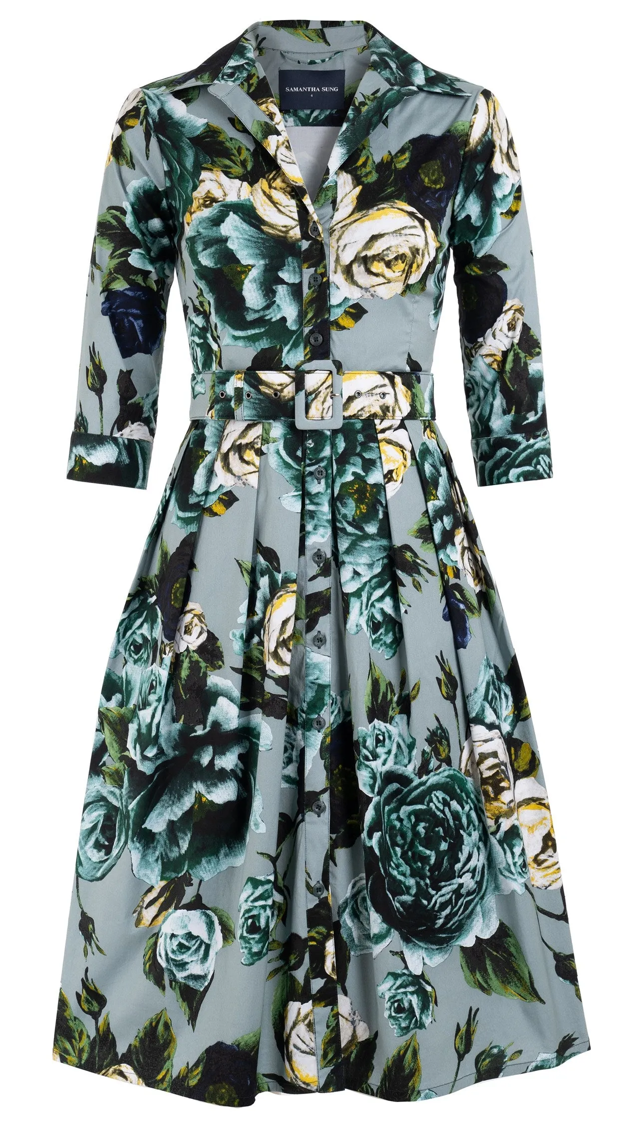 Audrey Dress #1 Shirt Collar 3/4 Sleeve Long Length Cotton Stretch (Peony Kimono All Over Dark)