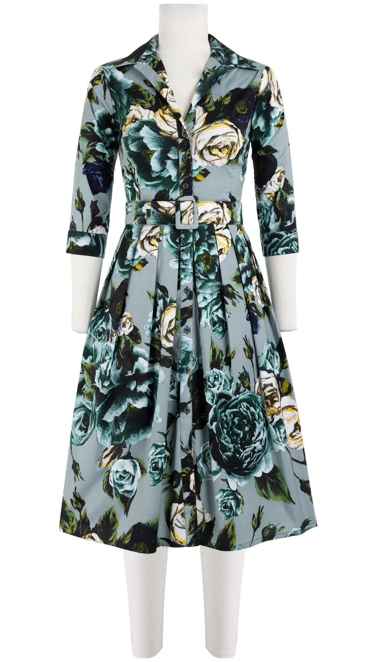 Audrey Dress #1 Shirt Collar 3/4 Sleeve Long Length Cotton Stretch (Peony Kimono All Over Dark)