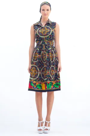Audrey Dress #1 Shirt Collar Sleeveless Cotton Stretch (Santorini Tile Straight)