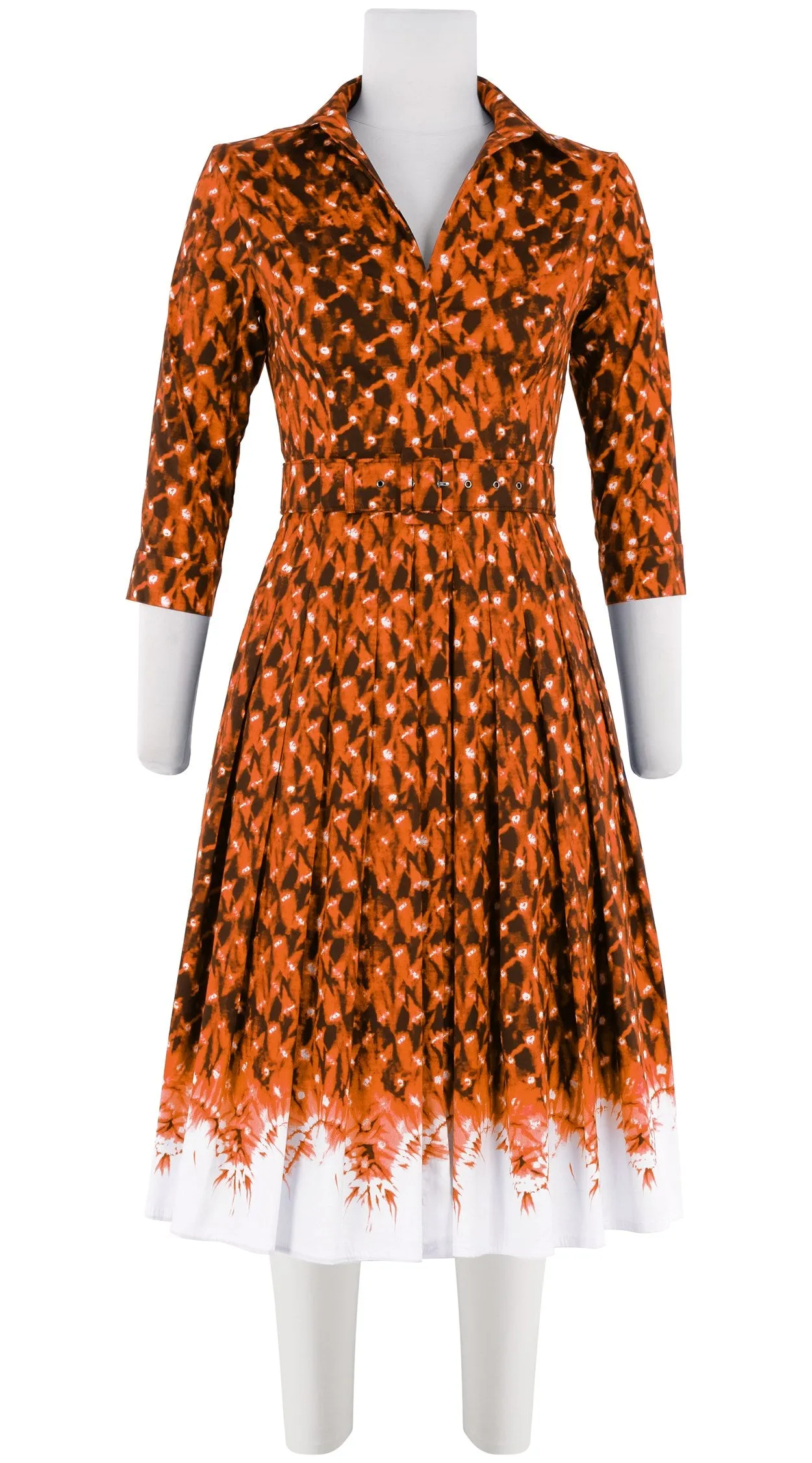 Audrey Dress #4 Shirt Collar 3/4 Sleeve Long Length Cotton Stretch (Shibori Midnight Border)
