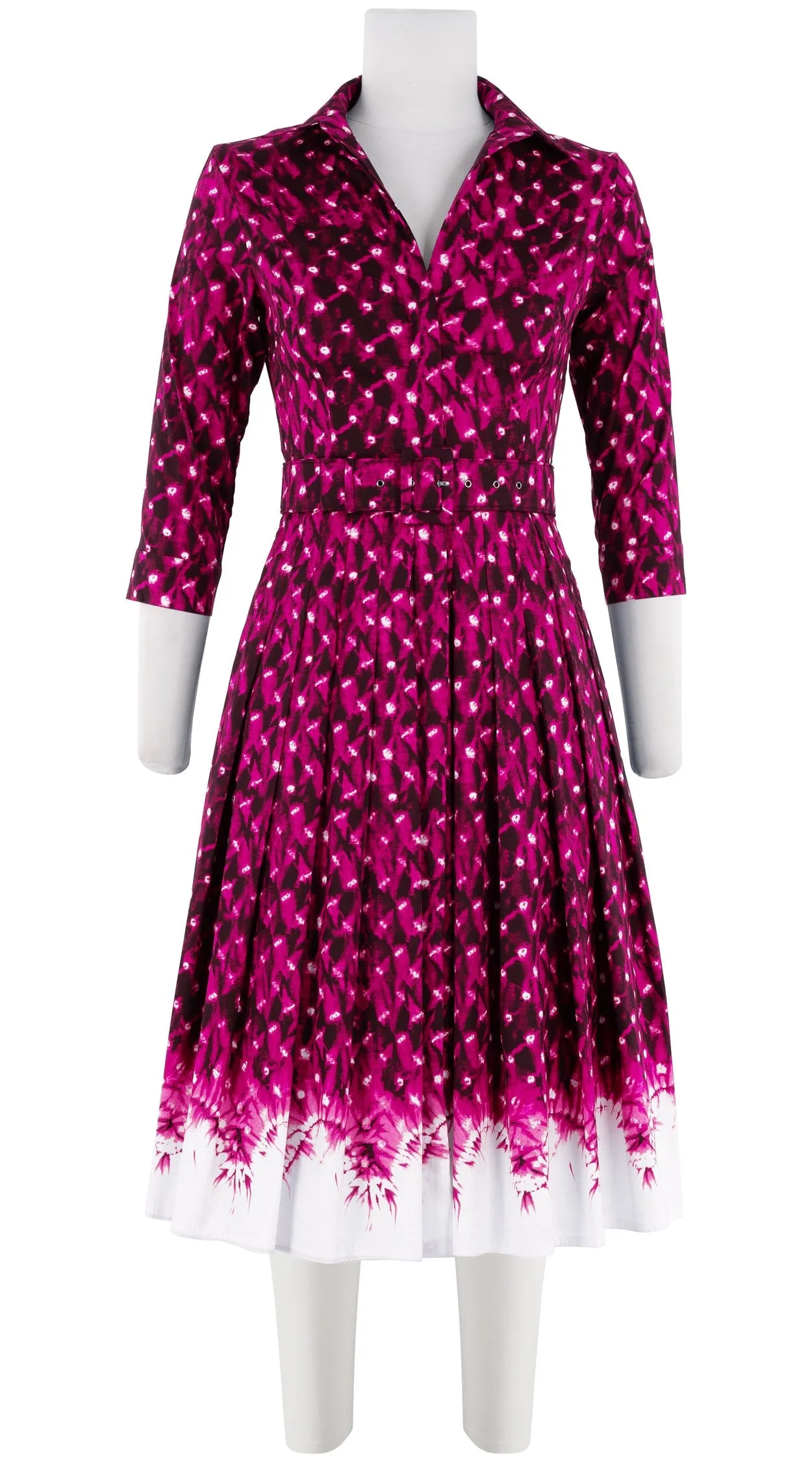 Audrey Dress #4 Shirt Collar 3/4 Sleeve Long Length Cotton Stretch (Shibori Midnight Border)