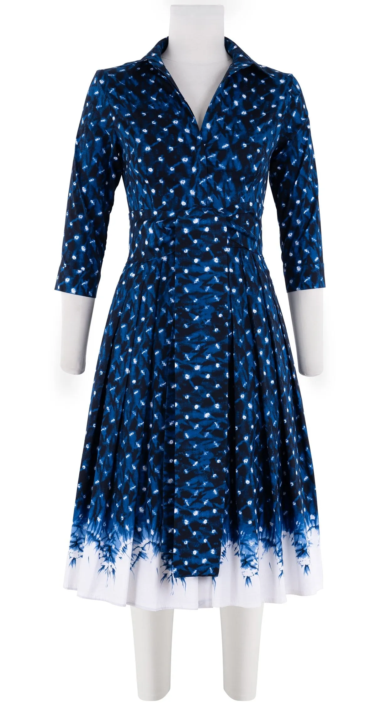 Audrey Dress #4 Shirt Collar 3/4 Sleeve Long Length Cotton Stretch (Shibori Midnight Border)
