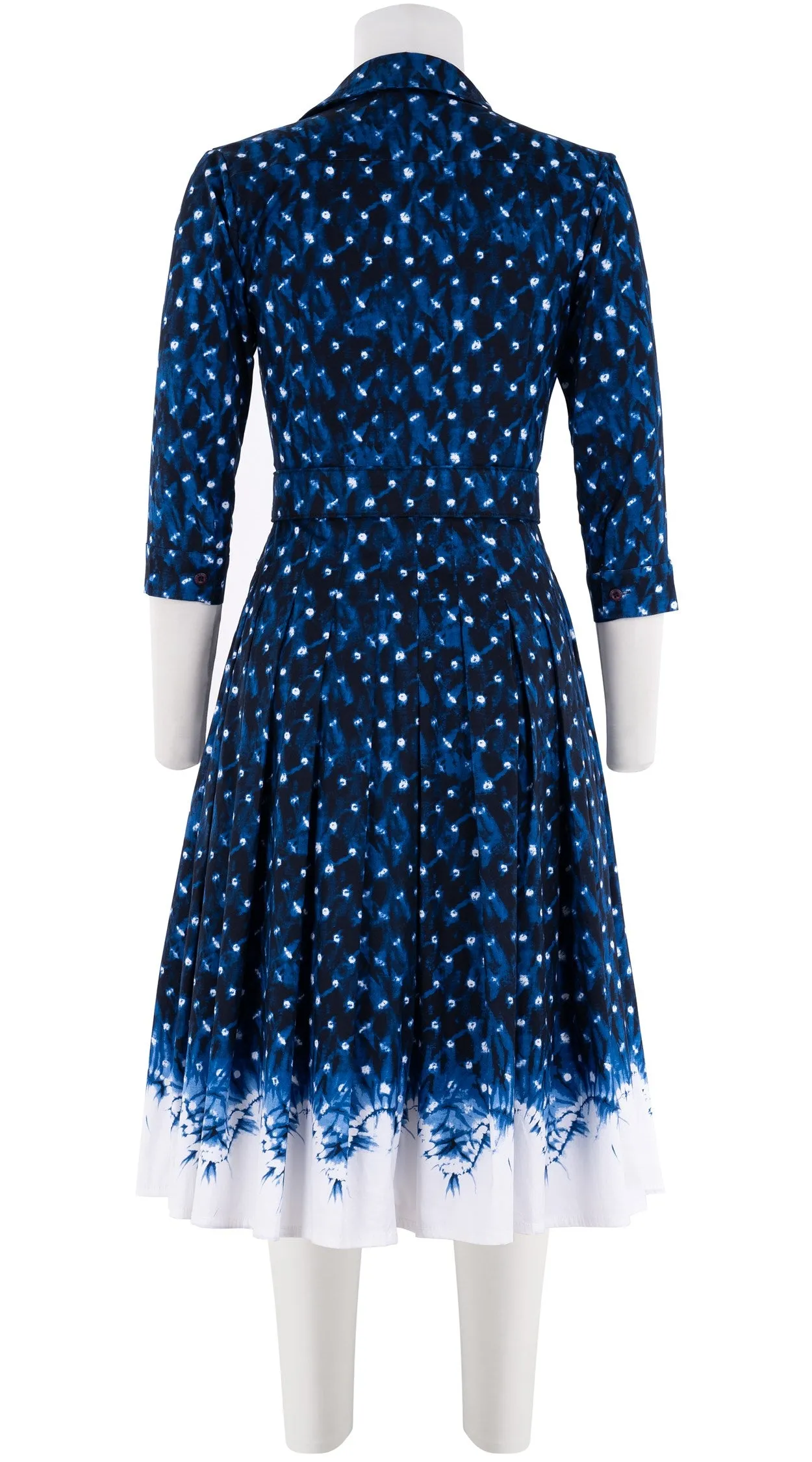 Audrey Dress #4 Shirt Collar 3/4 Sleeve Long Length Cotton Stretch (Shibori Midnight Border)