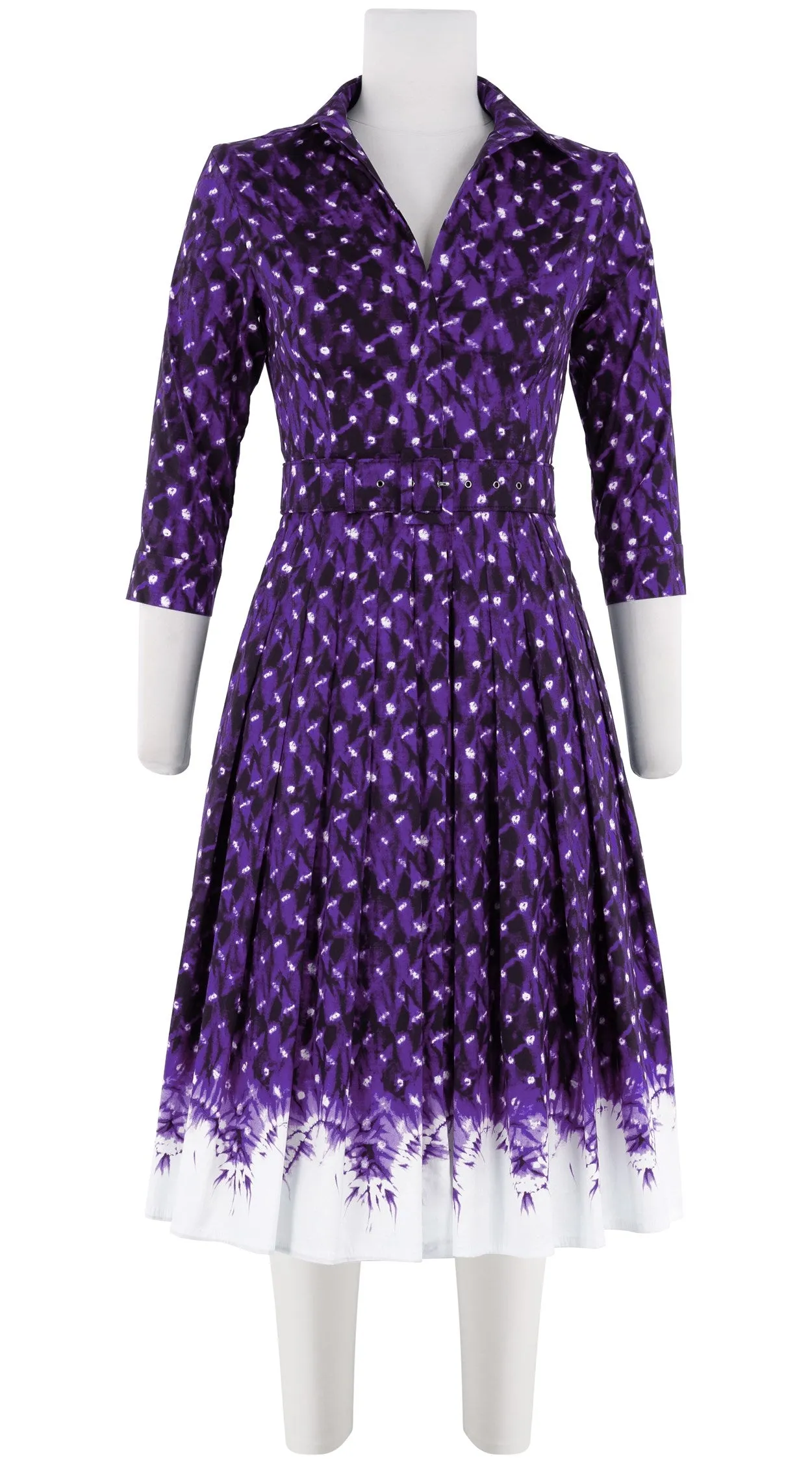 Audrey Dress #4 Shirt Collar 3/4 Sleeve Long Length Cotton Stretch (Shibori Midnight Border)