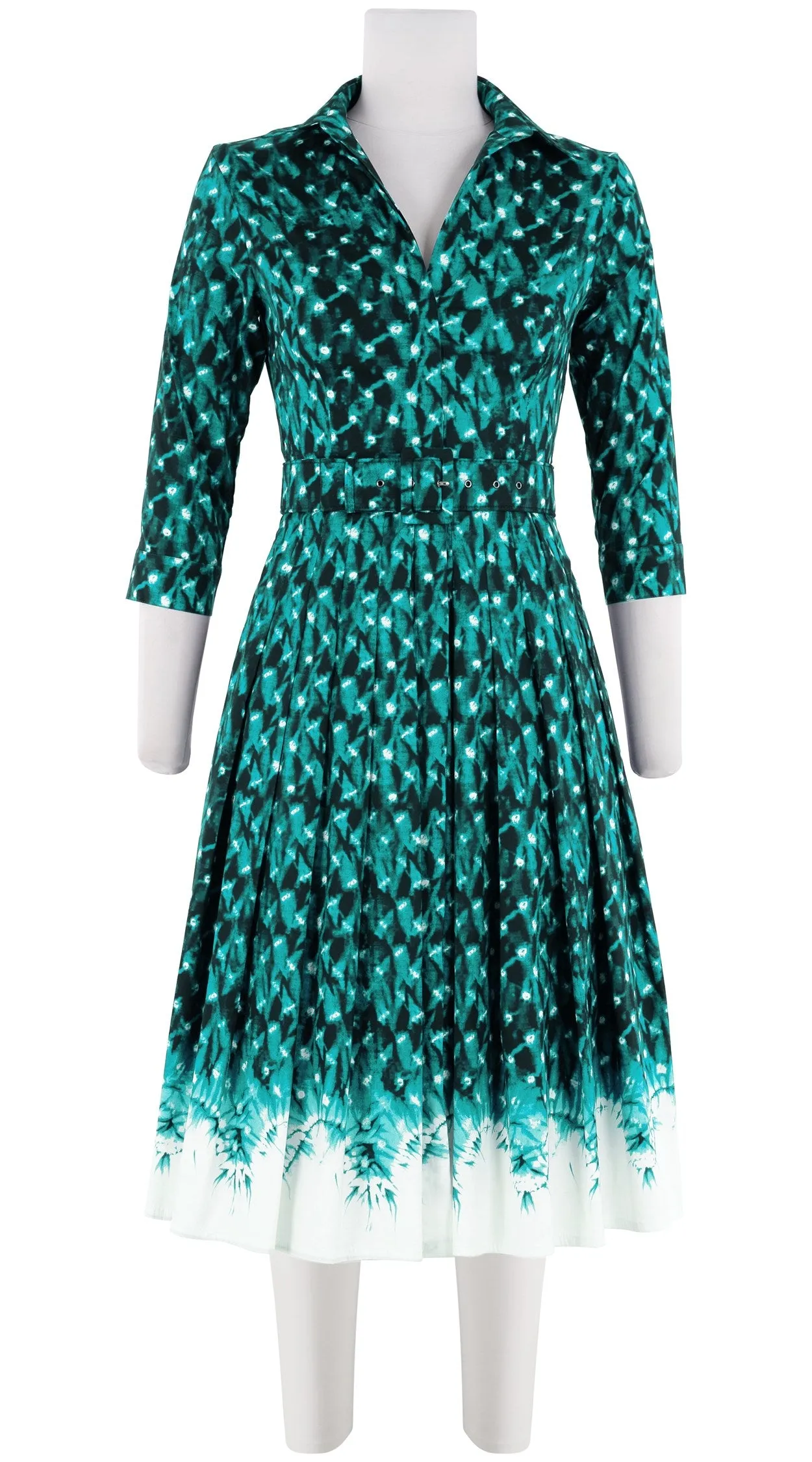 Audrey Dress #4 Shirt Collar 3/4 Sleeve Long Length Cotton Stretch (Shibori Midnight Border)