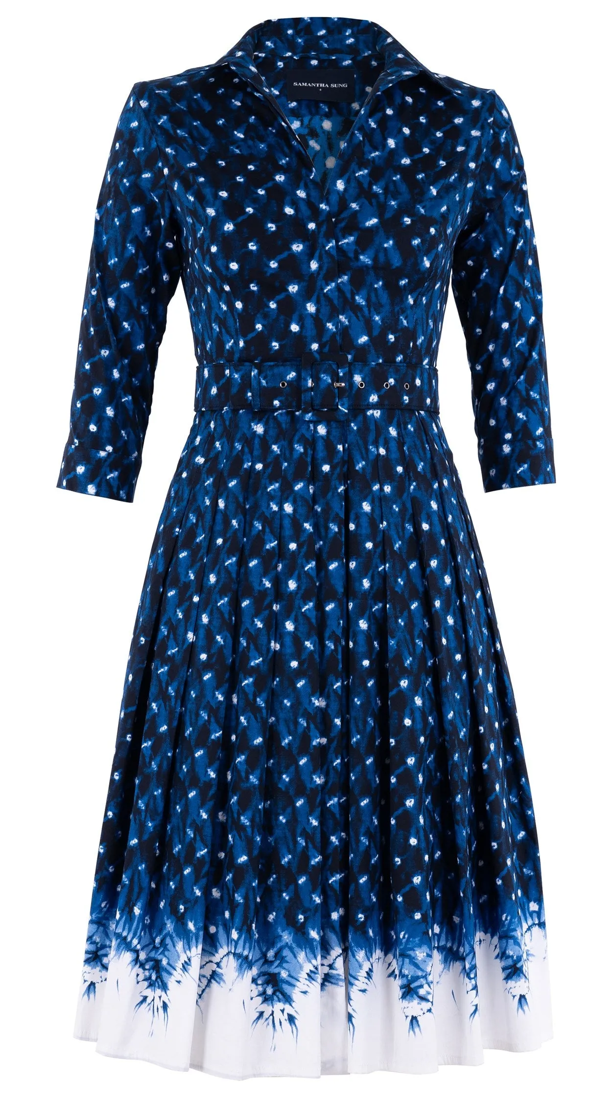 Audrey Dress #4 Shirt Collar 3/4 Sleeve Long Length Cotton Stretch (Shibori Midnight Border)