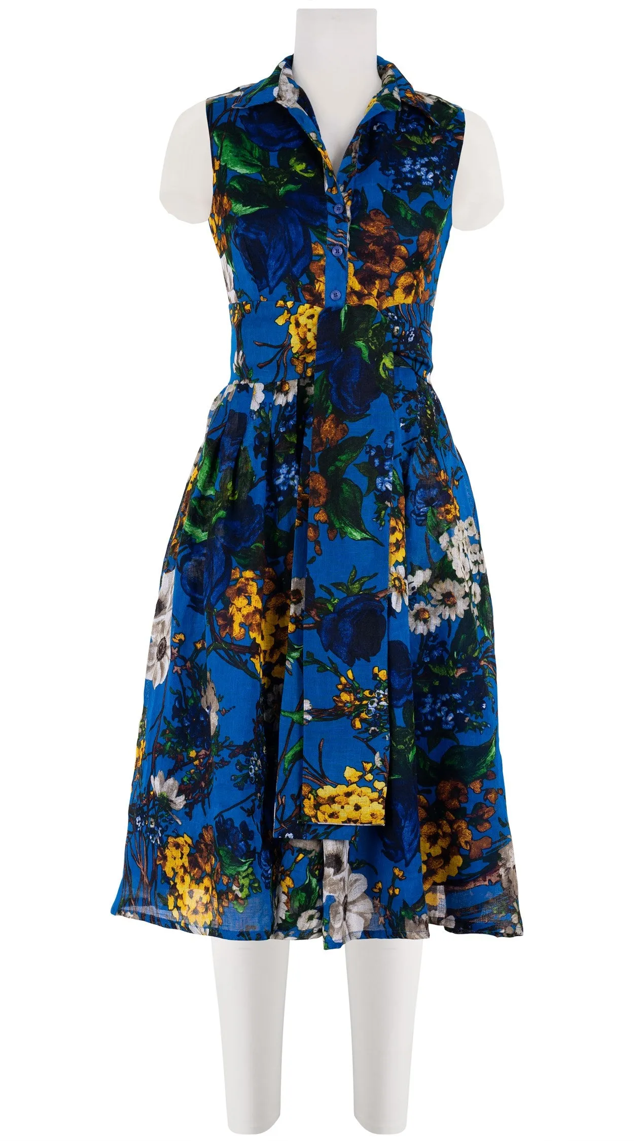 Audrey Dress #4 Shirt Collar Sleeveless Long  3 Length Linen (Alpine Flowers)