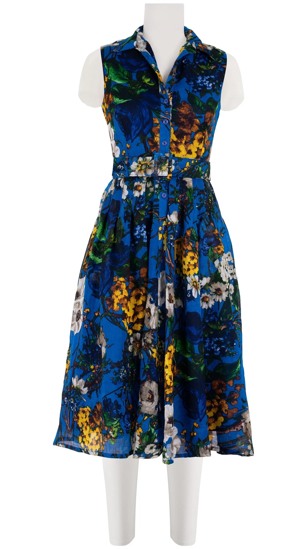 Audrey Dress #4 Shirt Collar Sleeveless Long  3 Length Linen (Alpine Flowers)