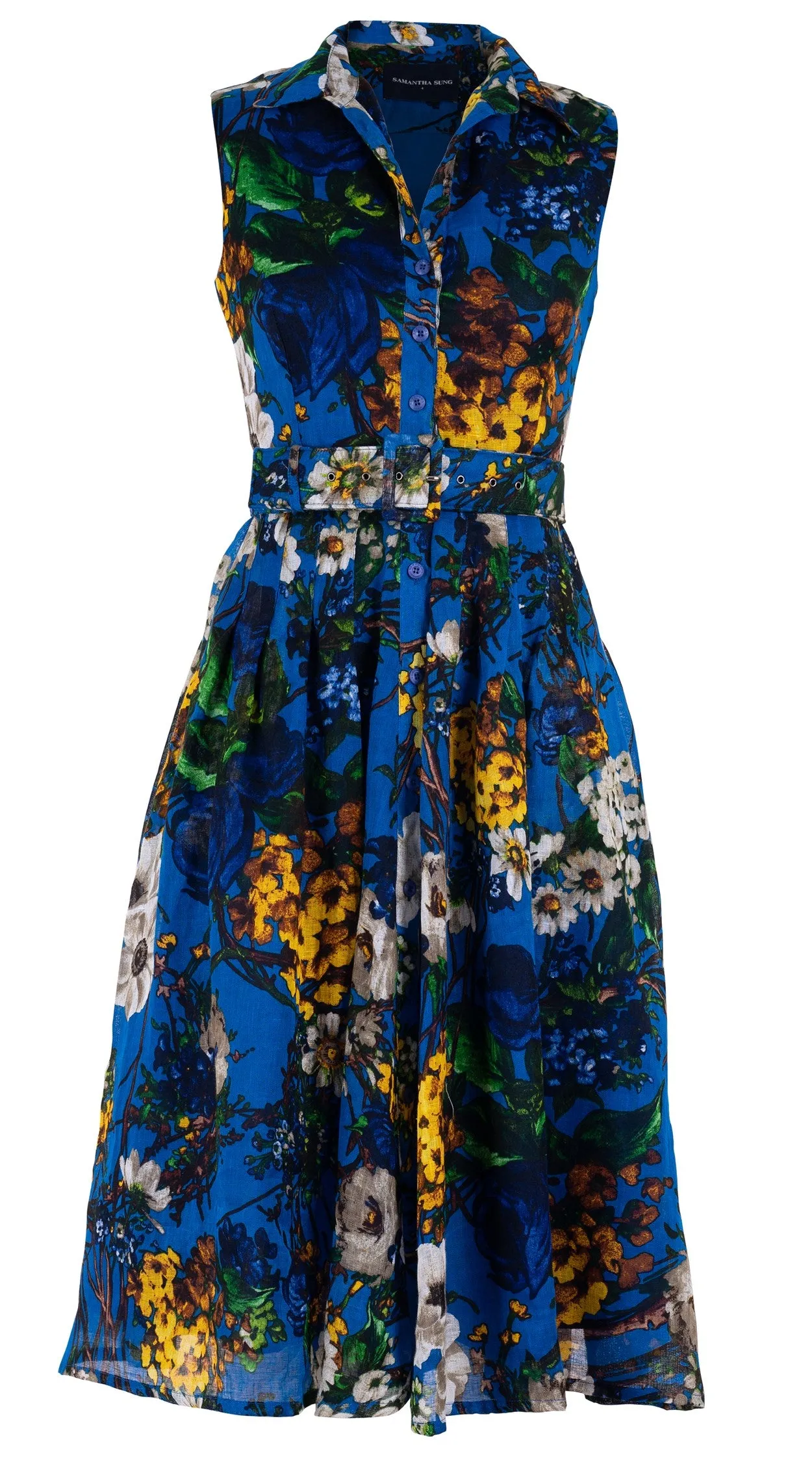 Audrey Dress #4 Shirt Collar Sleeveless Long  3 Length Linen (Alpine Flowers)