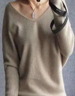 autumn winter cashmere sweaters women fashion sexy v-neck sweater loose 100% wool sweater batwing sleeve plus size pullover
