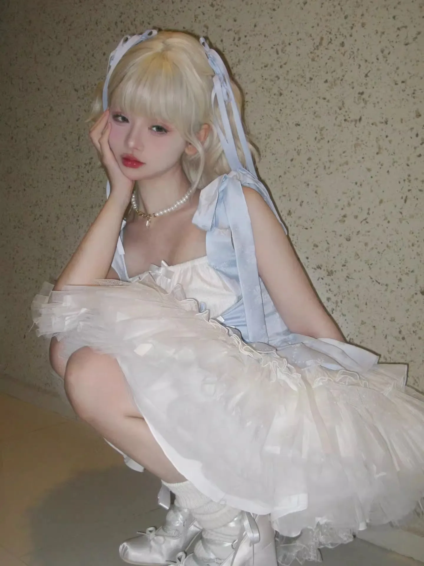 Ballet style blue and white small ribbon lolita dresses