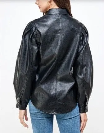 Balloon Long Sleeve Eco Leather Collared Shirt