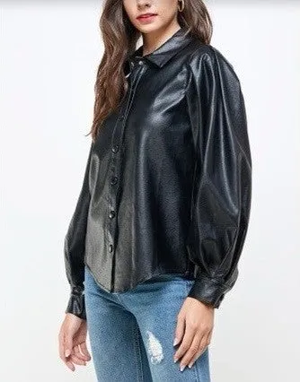 Balloon Long Sleeve Eco Leather Collared Shirt