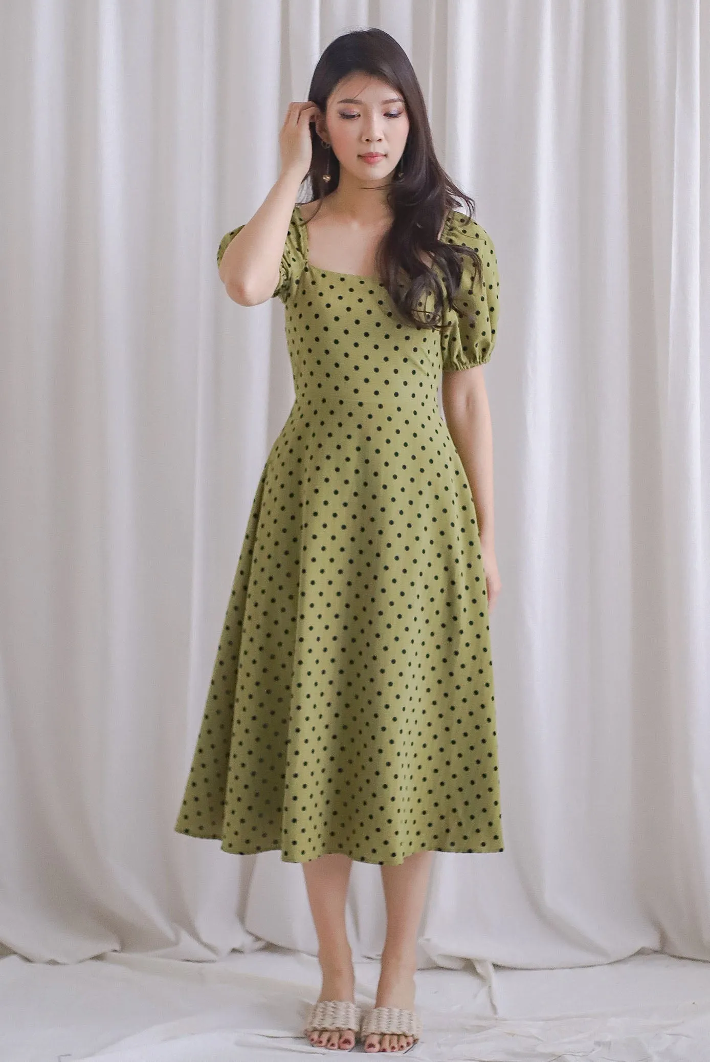 Balwinder Wrap Back Midi Dress In Matcha Dots