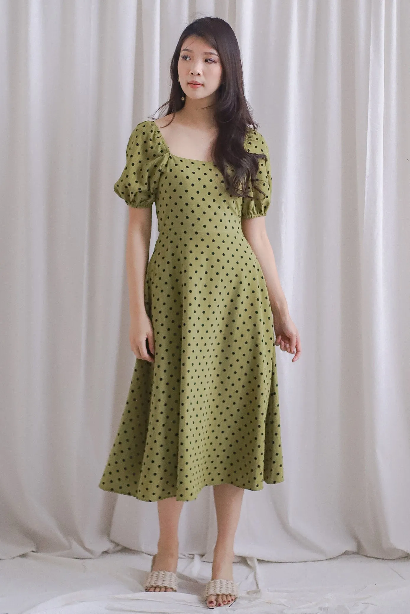 Balwinder Wrap Back Midi Dress In Matcha Dots