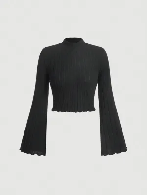 Black Bell Sleeves High Neck Crop Top