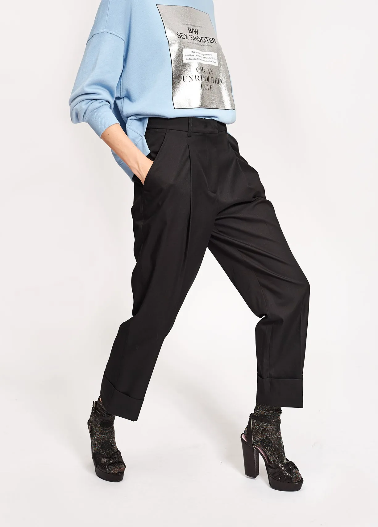 Black cotton-blend straight-leg pants
