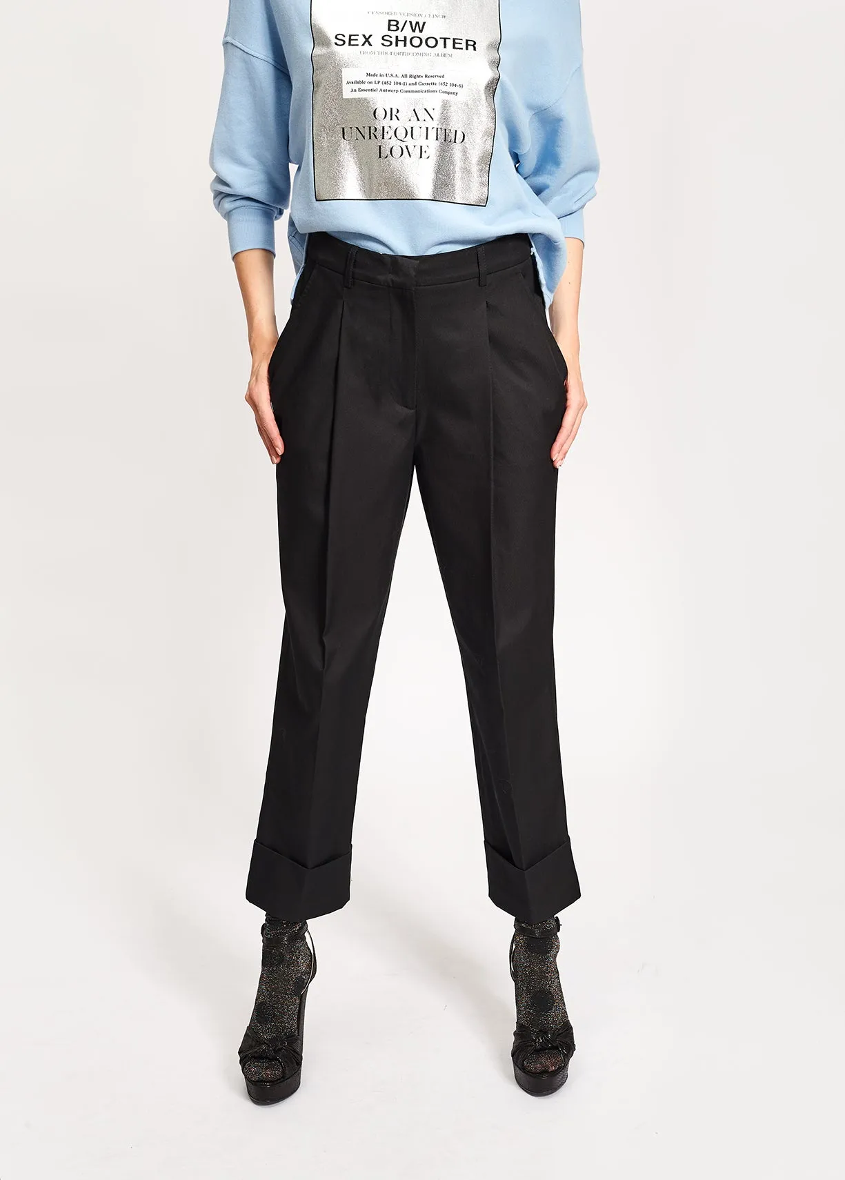 Black cotton-blend straight-leg pants