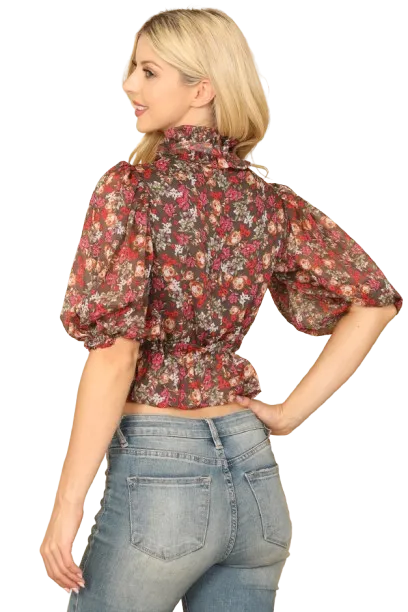Black Floral High Neck Ruffle Detail Puff Sleeve Crop Top - Pack of 5