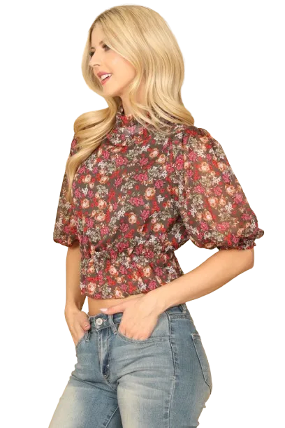 Black Floral High Neck Ruffle Detail Puff Sleeve Crop Top - Pack of 5