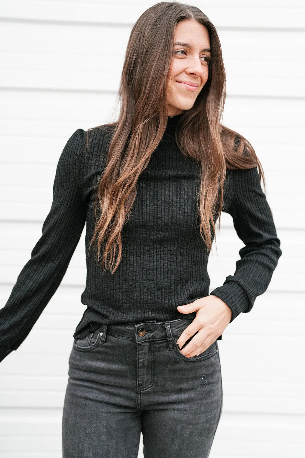 Black High Neck Ribbed Long Sleeve Top